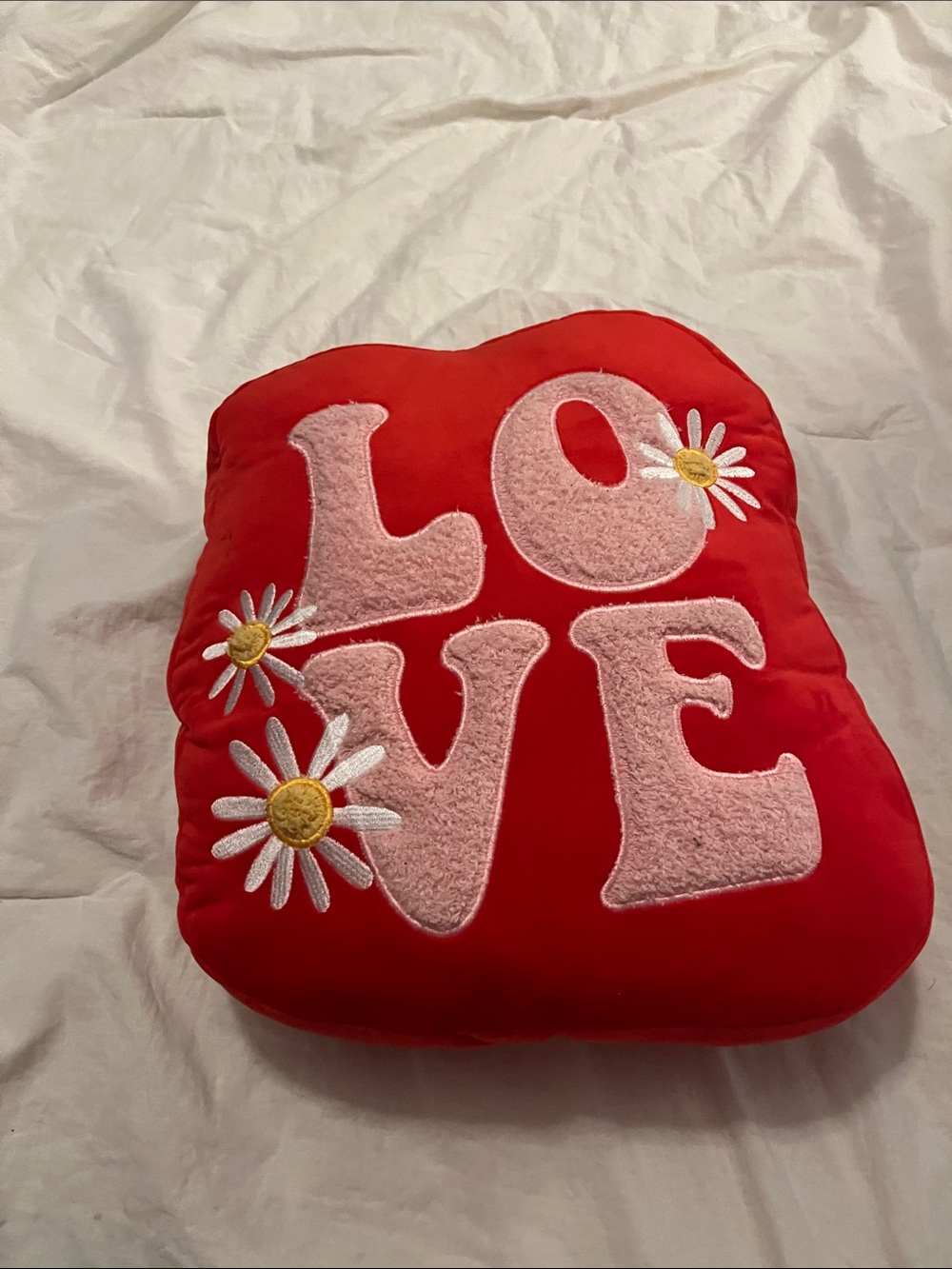 LOVE Appliqué Decorative Pillow - Red with Pink & Yellow Daisy Accents